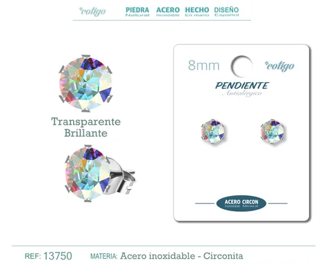 PENDIENTE CIRCONITA REDONDO-TRANSPARENTE BRILLANTE-8MM-BASE ACERO PLATEADO