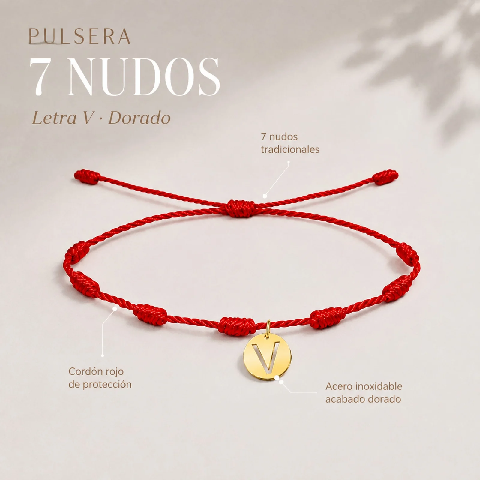 PULSERA 7 NUDOS CON LETRA V COLOR DORADO