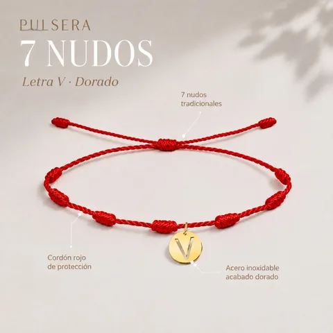 PULSERA 7 NUDOS CON LETRA V COLOR DORADO