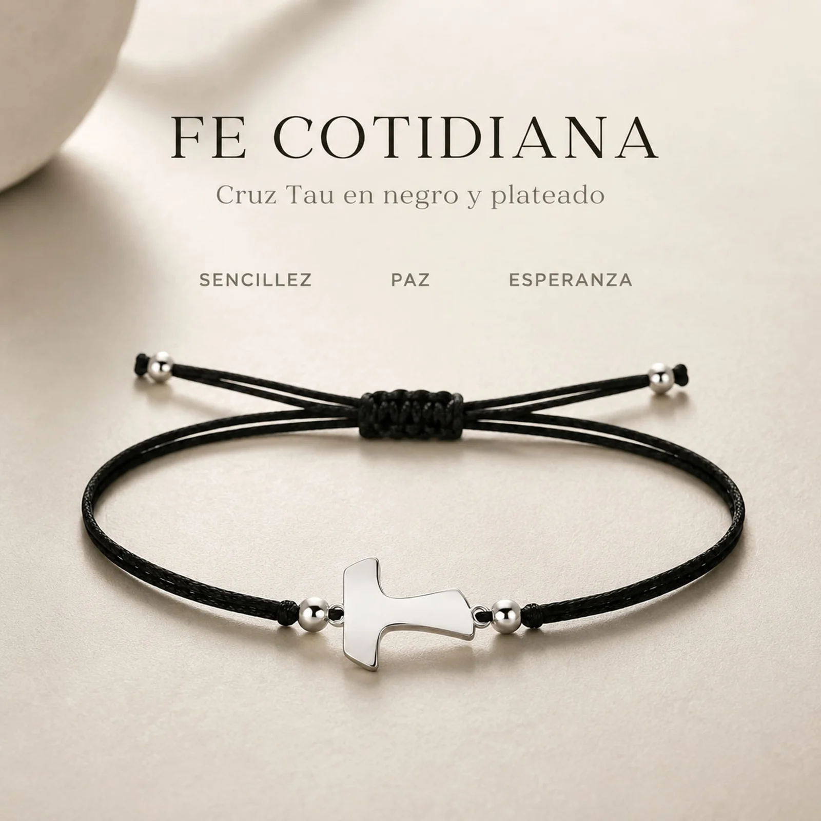 PULSERA CRUZ TAU PLATEADO DE HILO EN.NEGRO