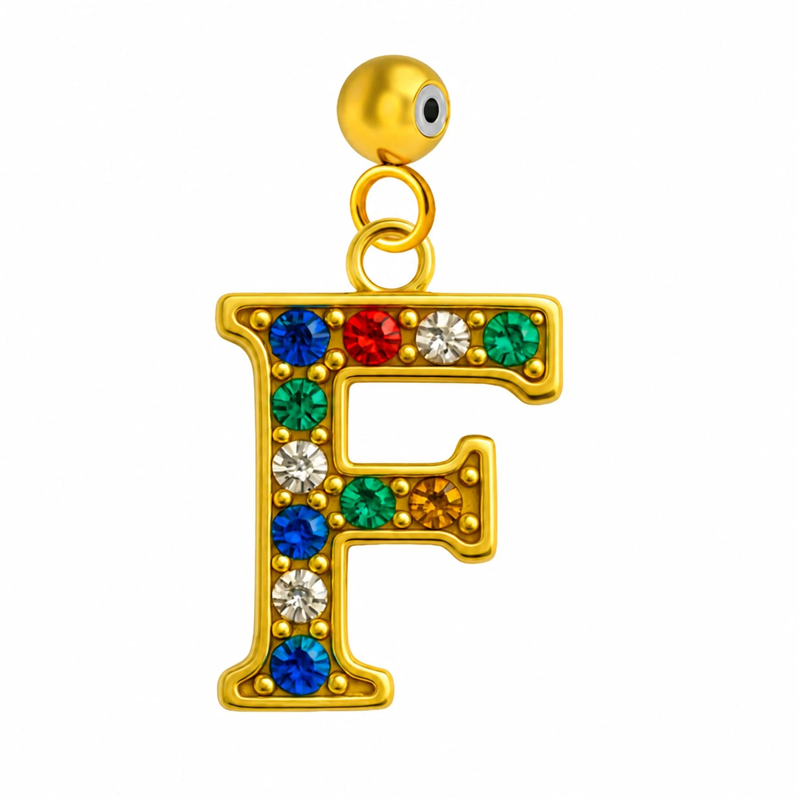 CHARM DE LETRA F ACERO COLOR DORADO CON CIRCONITA-CON BOLA DE GOMA