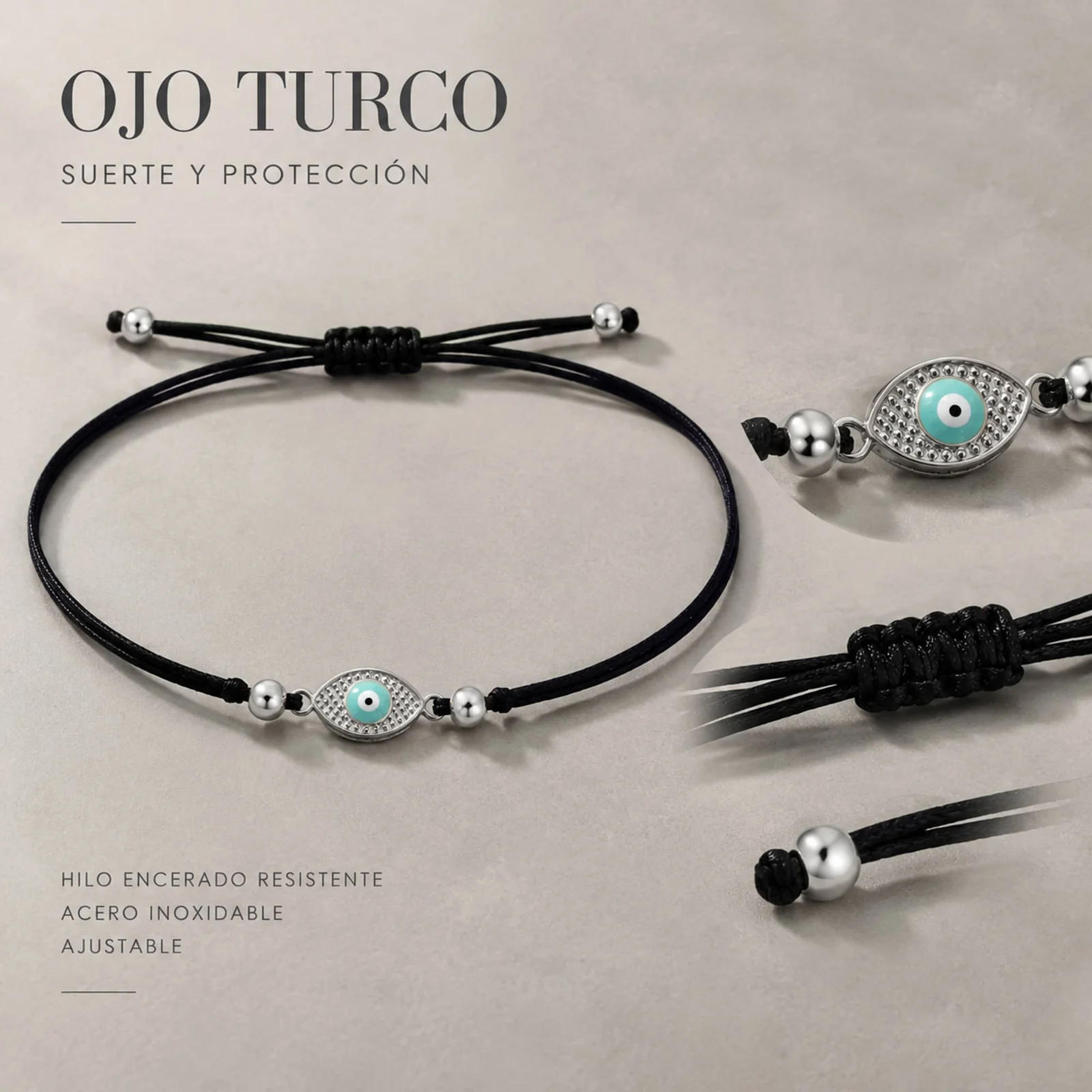 Pulsera Hilo encerado Negro CON OJO TURCO Plateado