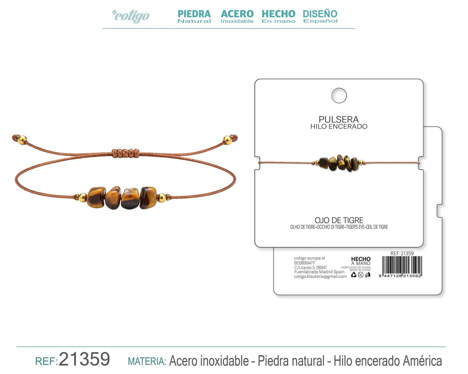 PULSERA HILO ENCERADO CON OJO DE TIGRE