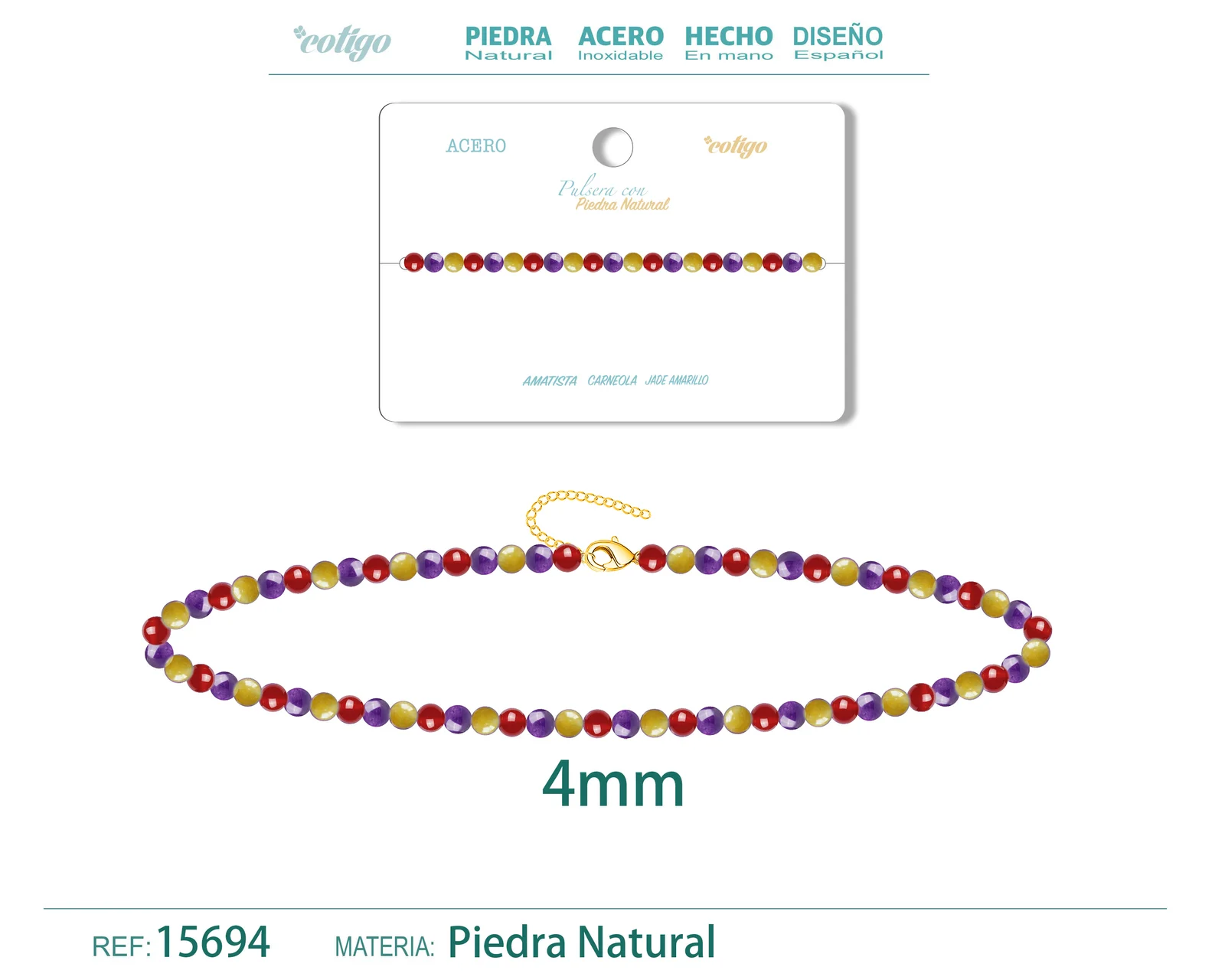 PULSERA CARNEOLA+JADE AMARILLO+AMATISTA 4MM