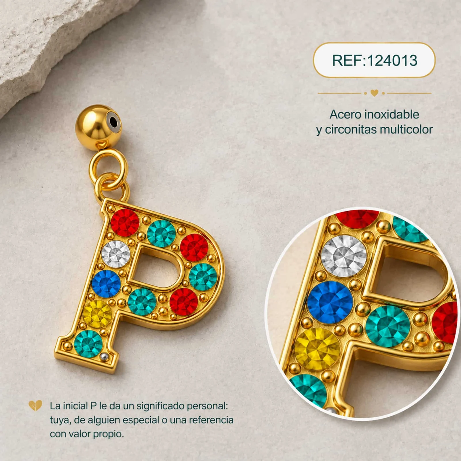 CHARM DE LETRA P ACERO COLOR DORADO CON CIRCONITA-CON BOLA DE GOMA