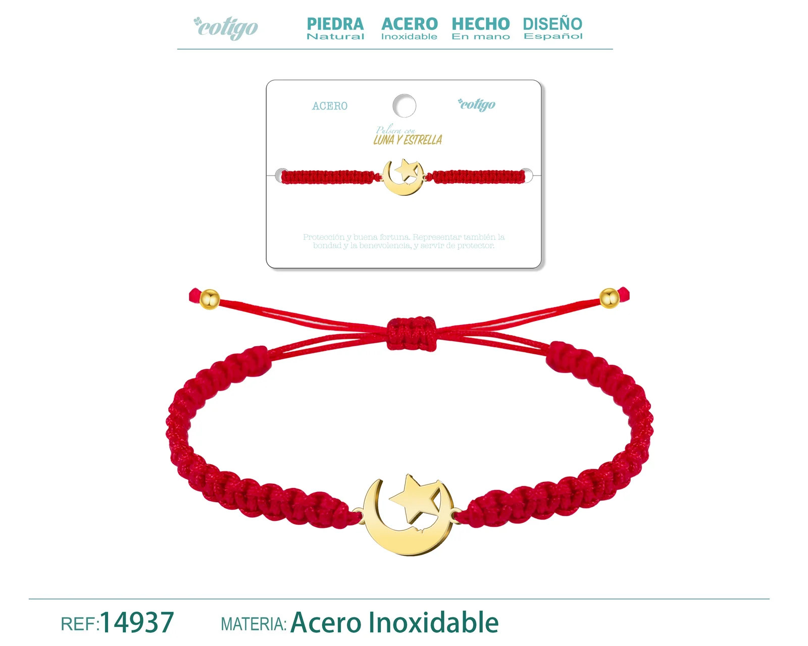 PULSERA HILO DESTINO  CON LUNA Y ESTRELLA ACERO DORADO