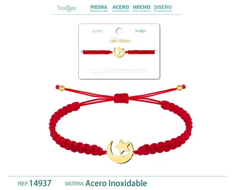 PULSERA HILO DESTINO  CON LUNA Y ESTRELLA ACERO DORADO