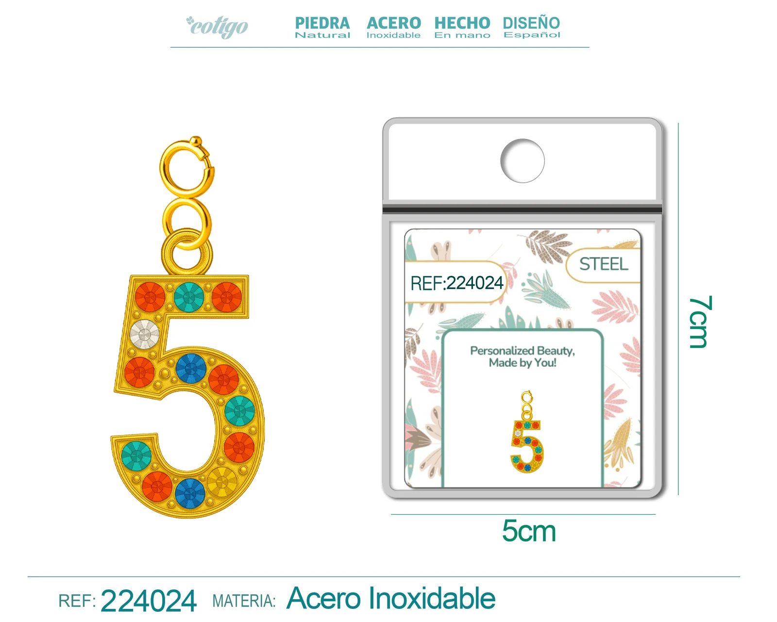 CHARM DE NÚMERO 5 ACERO COLOR DORADO CON CIRCONITA-CON CIERRE