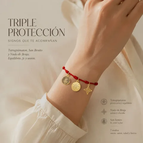 PULSERA 7 NUDOS CON TETRAGRÁMATON  NUDO DE BRUJA Y SAN BENITO ACERO DORADO