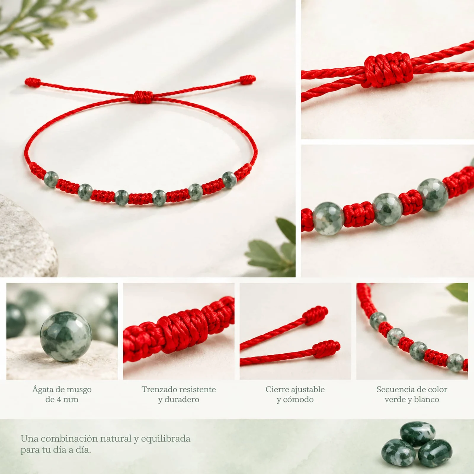 PULSERA 7 NUDOS CON  ÁGATA DE MUSGO 4MM