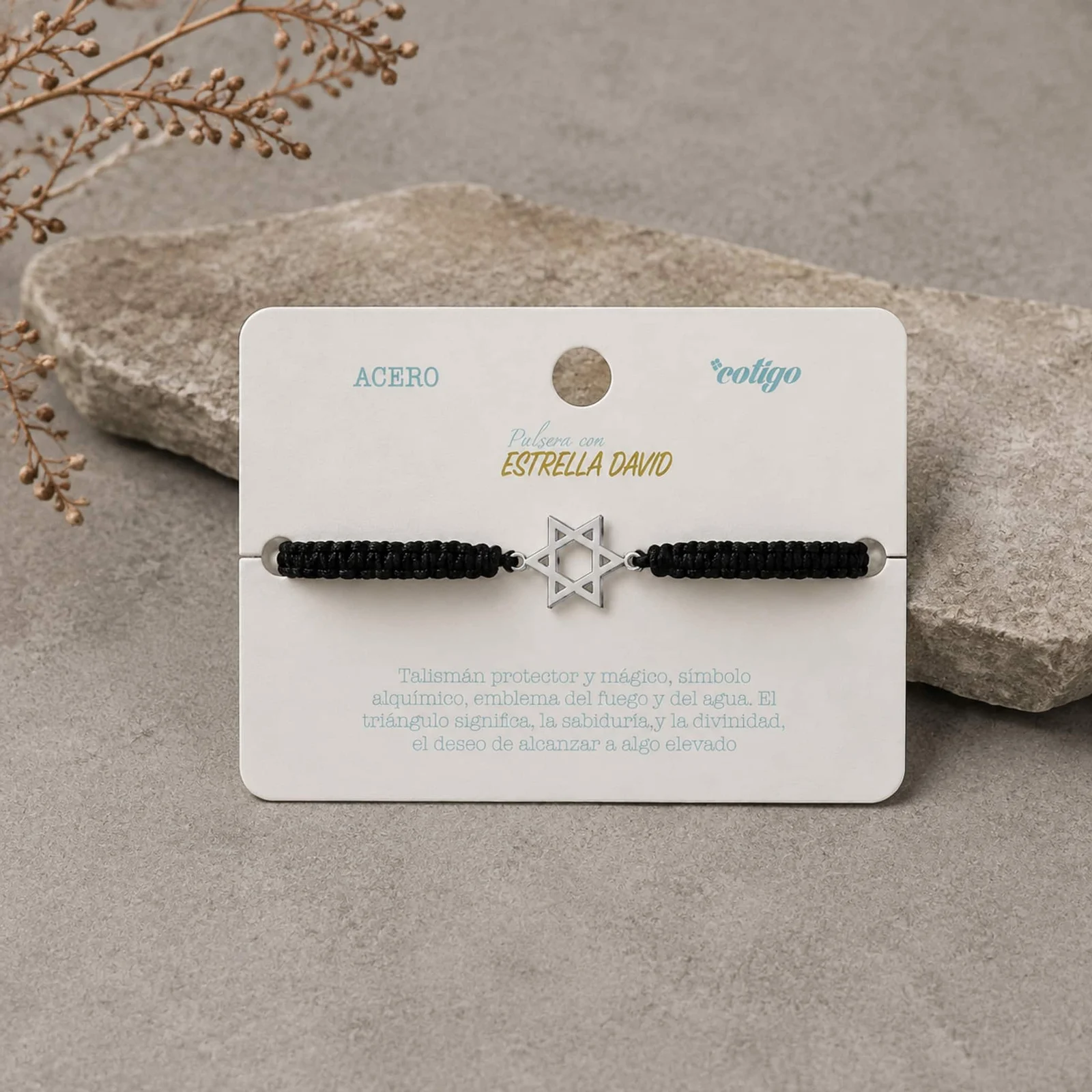 PULSERA HILO DESTINO  CON ESTRELLA DAVID ACERO PLATEADO