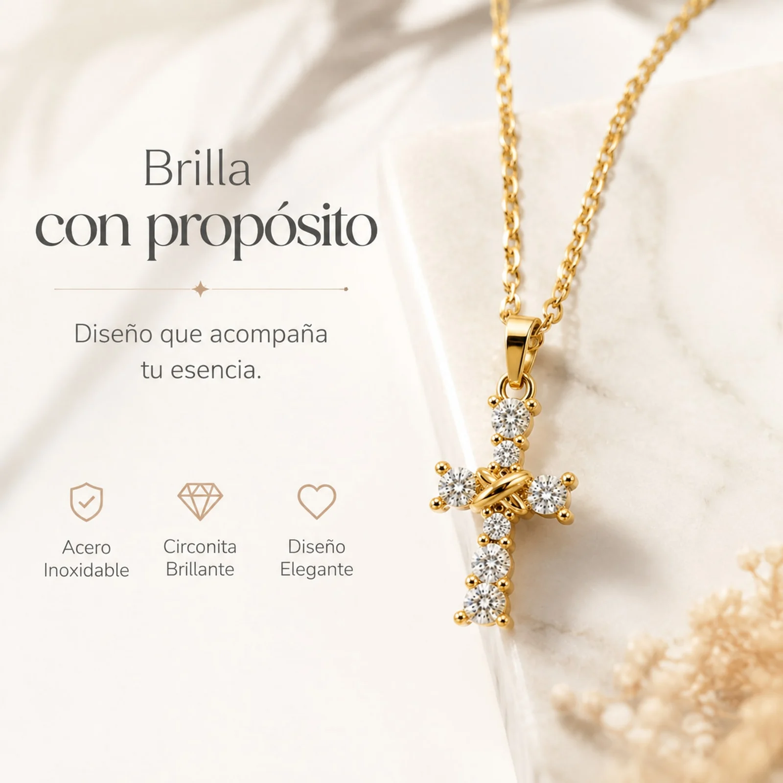 Colgangte Cobre con Circonita Colar Dorado y Cadena Acero