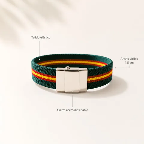 PULSERA ESPAÑA ELÁSTICO VERDE CON CIERRE ACERO