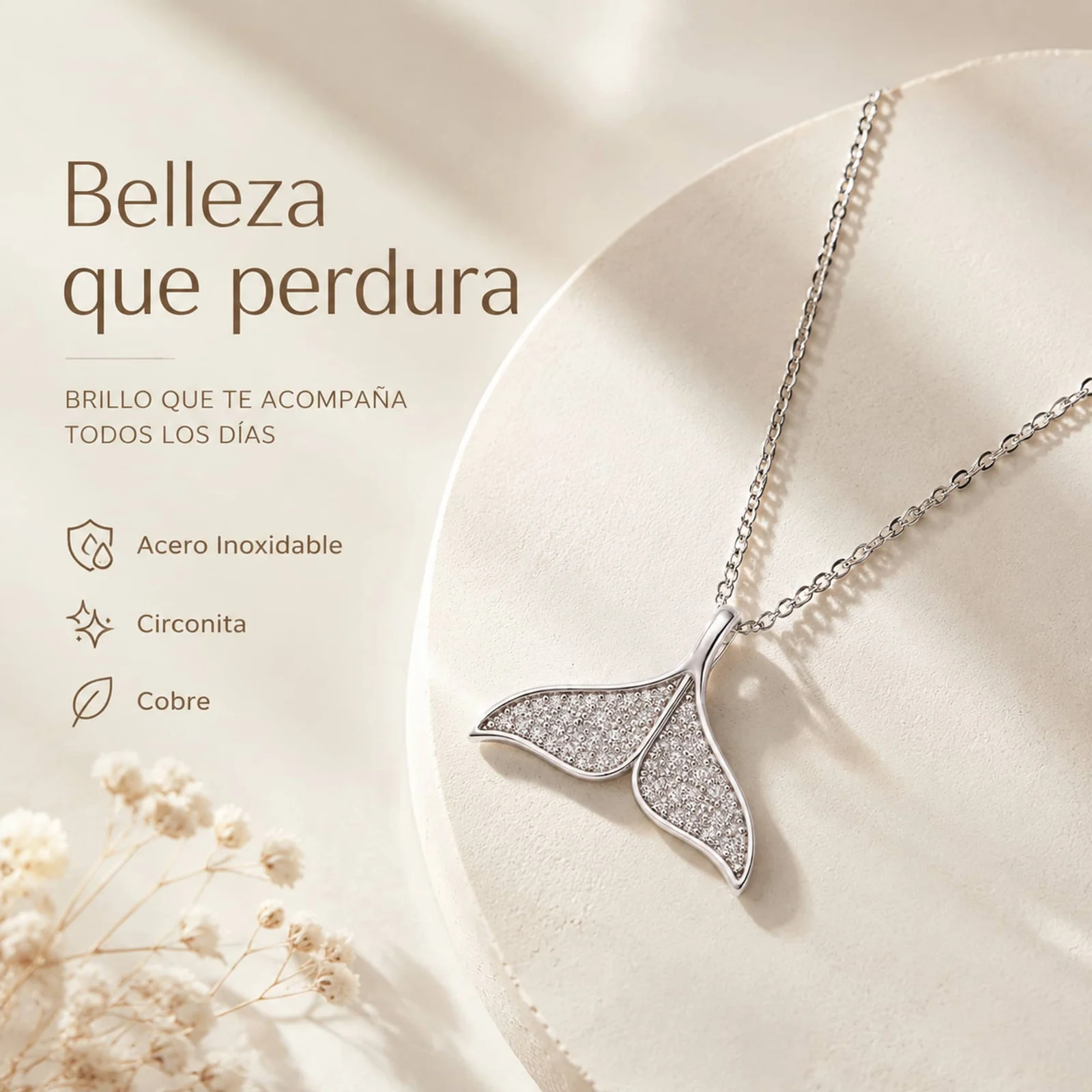 Colgangte Cobre con Circonita Colar Plateado y Cadena Acero