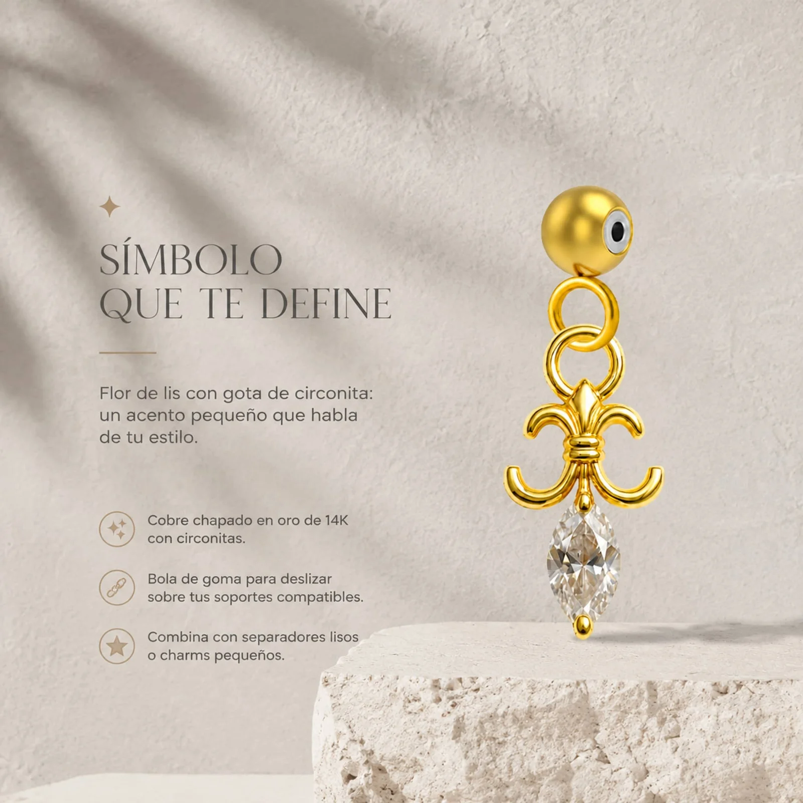 CHARM DE COBRE CHAPADO ORO 14K CON CIRCONITA-CON BOLA DE GOMA