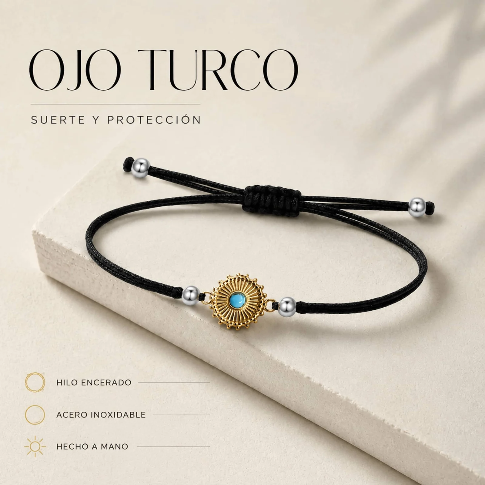 Pulsera Hilo encerado Negro CON OJO TURCO Dorado