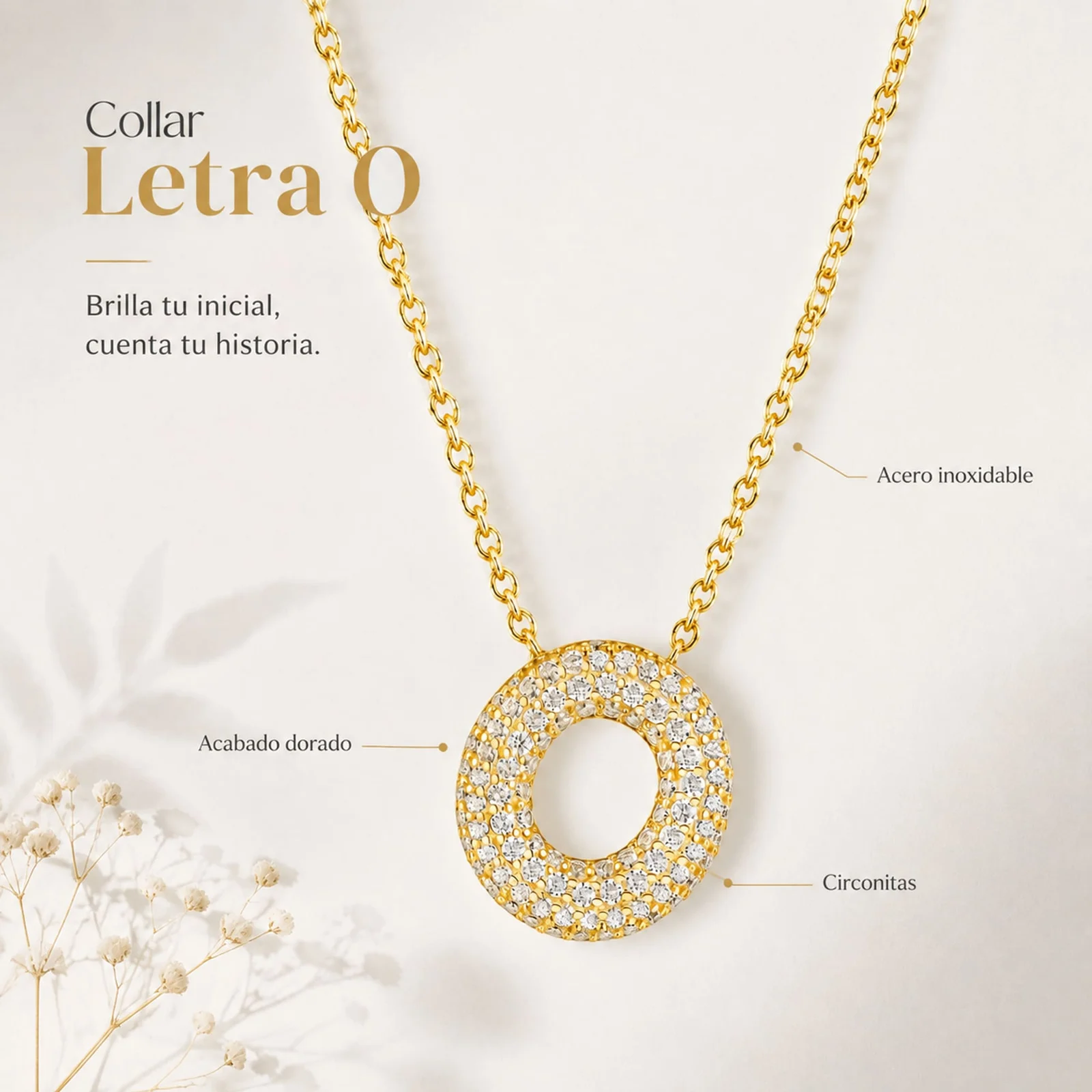 COLLAR LETRA O CON CIRCONITA  ACERO COLOR DORADO