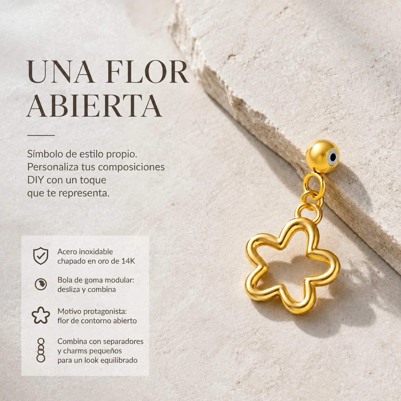 CHARM ACERO DORADO CHAPADO ORO 14 K-CON BOLA DE GOMA