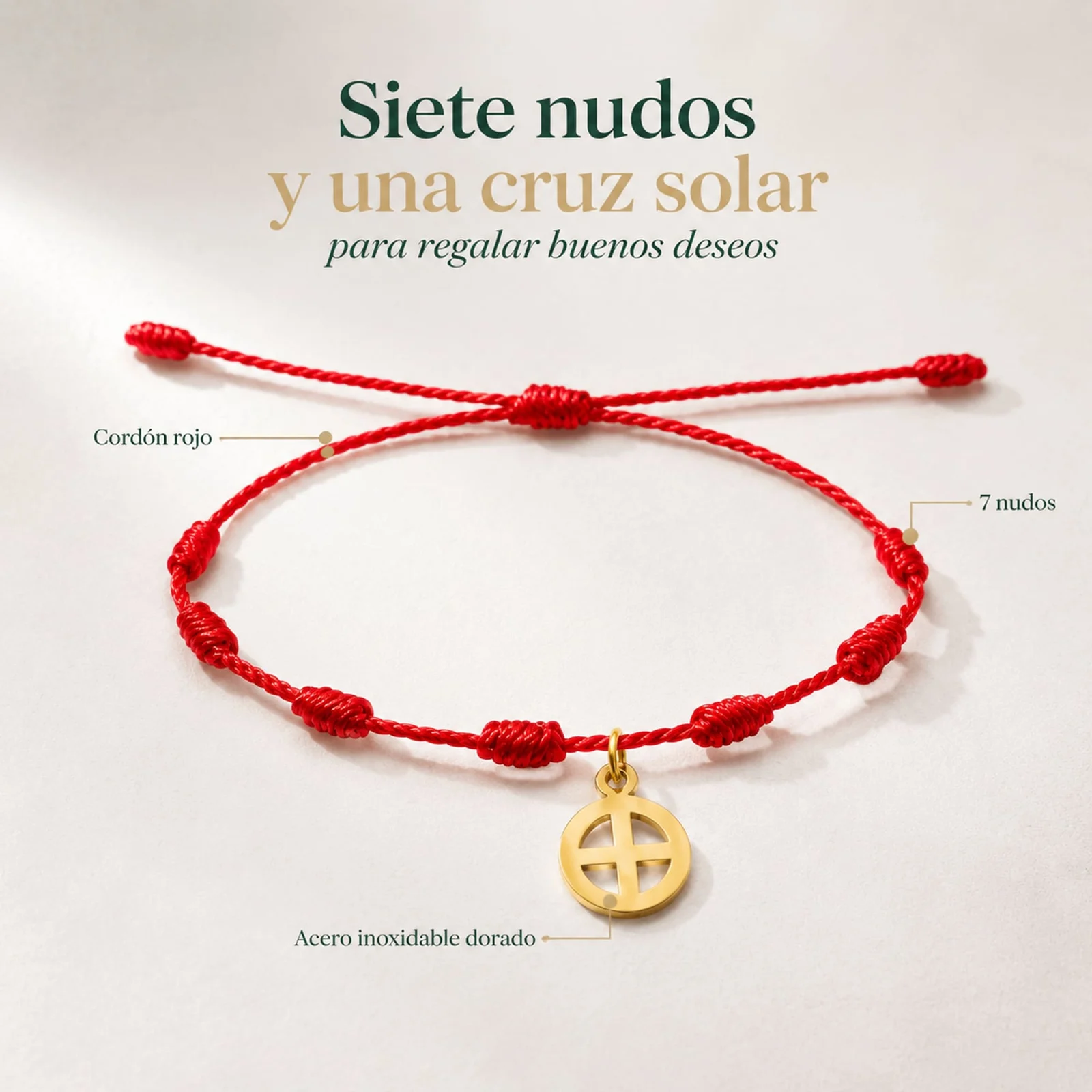 PULSERA 7 NUDOS CON CRUZ SOLAR COLOR DORADO