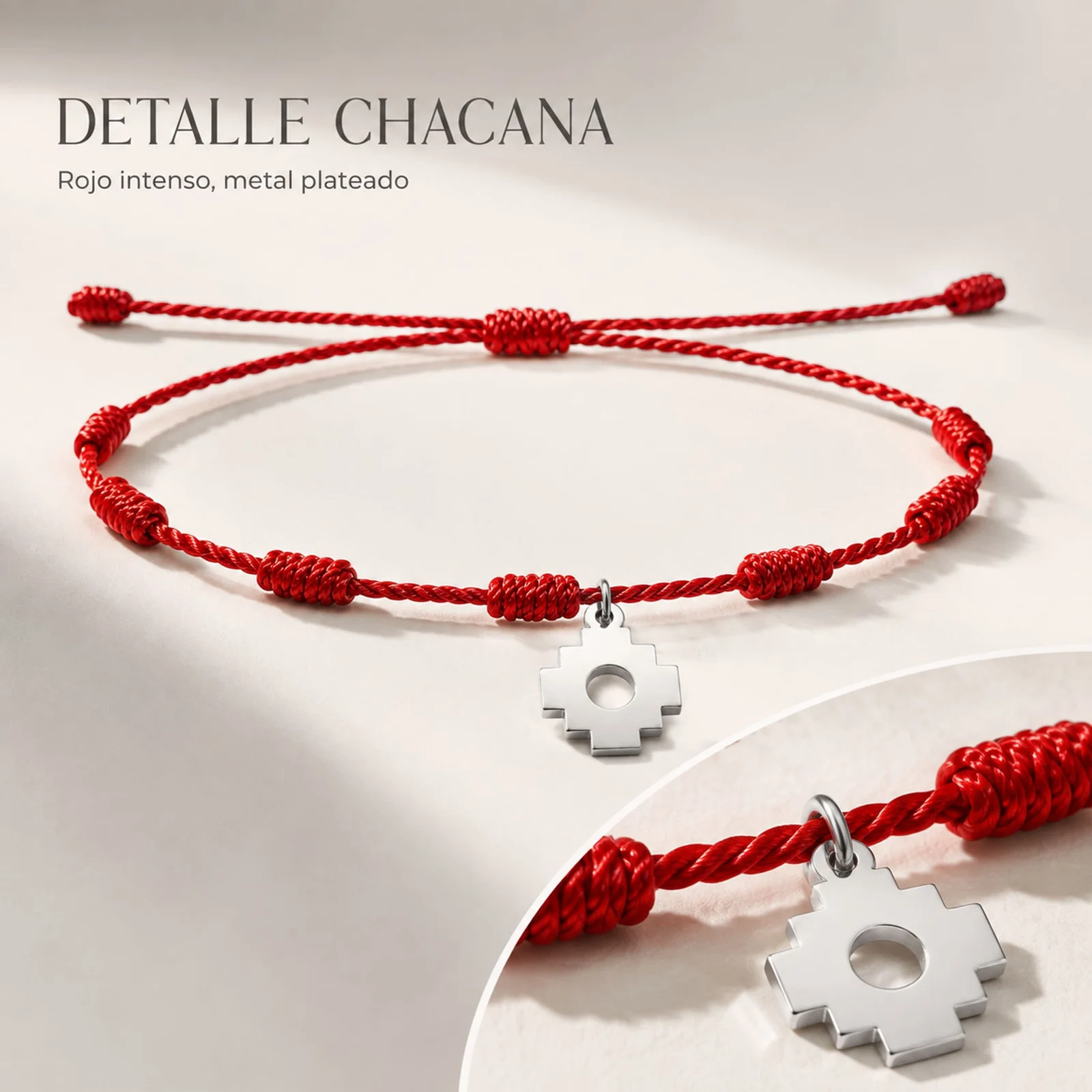 PULSERA 7 NUDOS CON CRUZ CHACANA COLOR PLATEADO