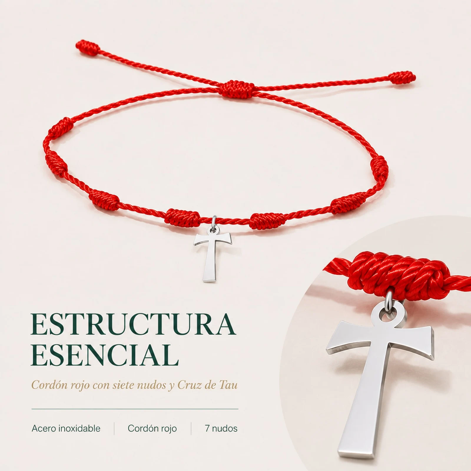 PULSERA 7 NUDOS CON CRUZ DE TAU COLOR PLATEADO