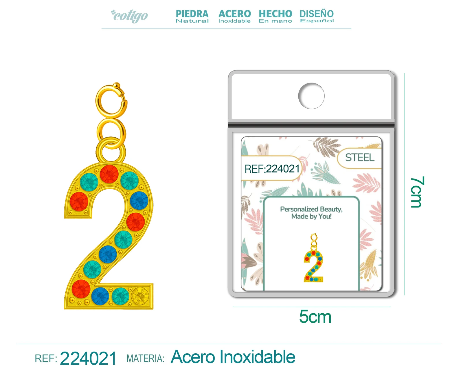 CHARM DE NÚMERO 2 ACERO COLOR DORADO CON CIRCONITA-CON CIERRE