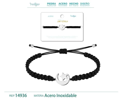 PULSERA HILO DESTINO  CON LUNA Y ESTRELLA ACERO PLATEADO