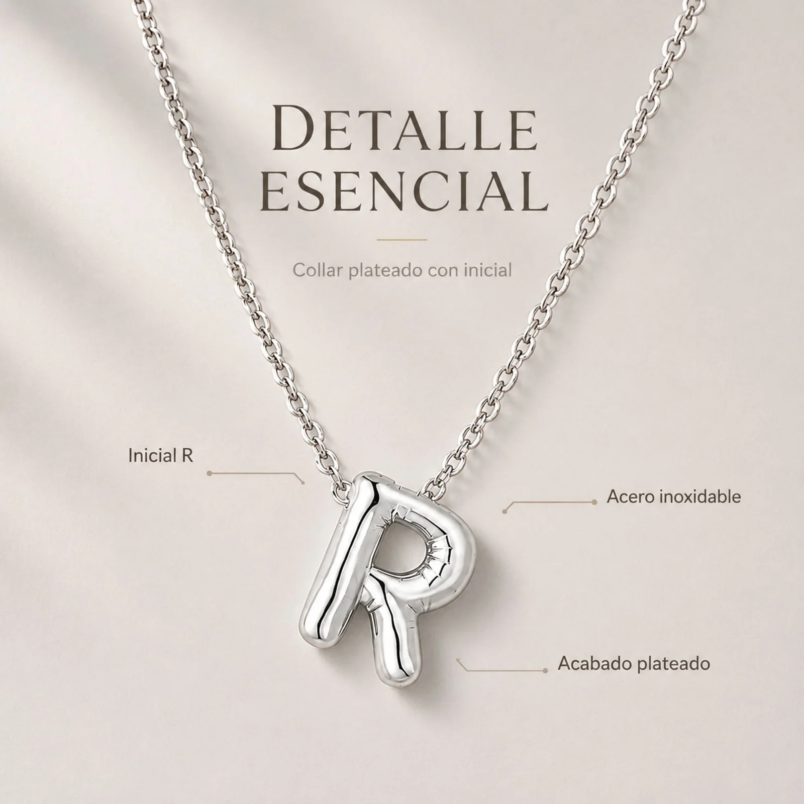 COLLAR INICIAL LETRA R ACERO CON SOBRE