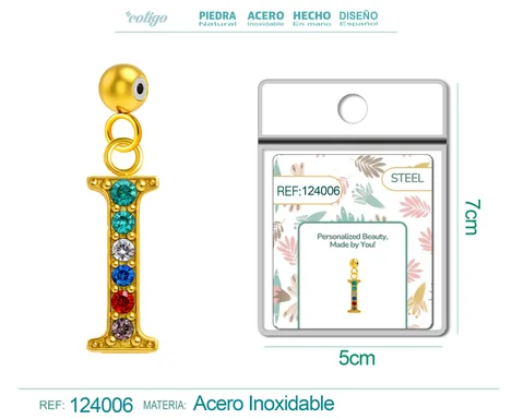 CHARM DE LETRA I ACERO COLOR DORADO CON CIRCONITA-CON BOLA DE GOMA