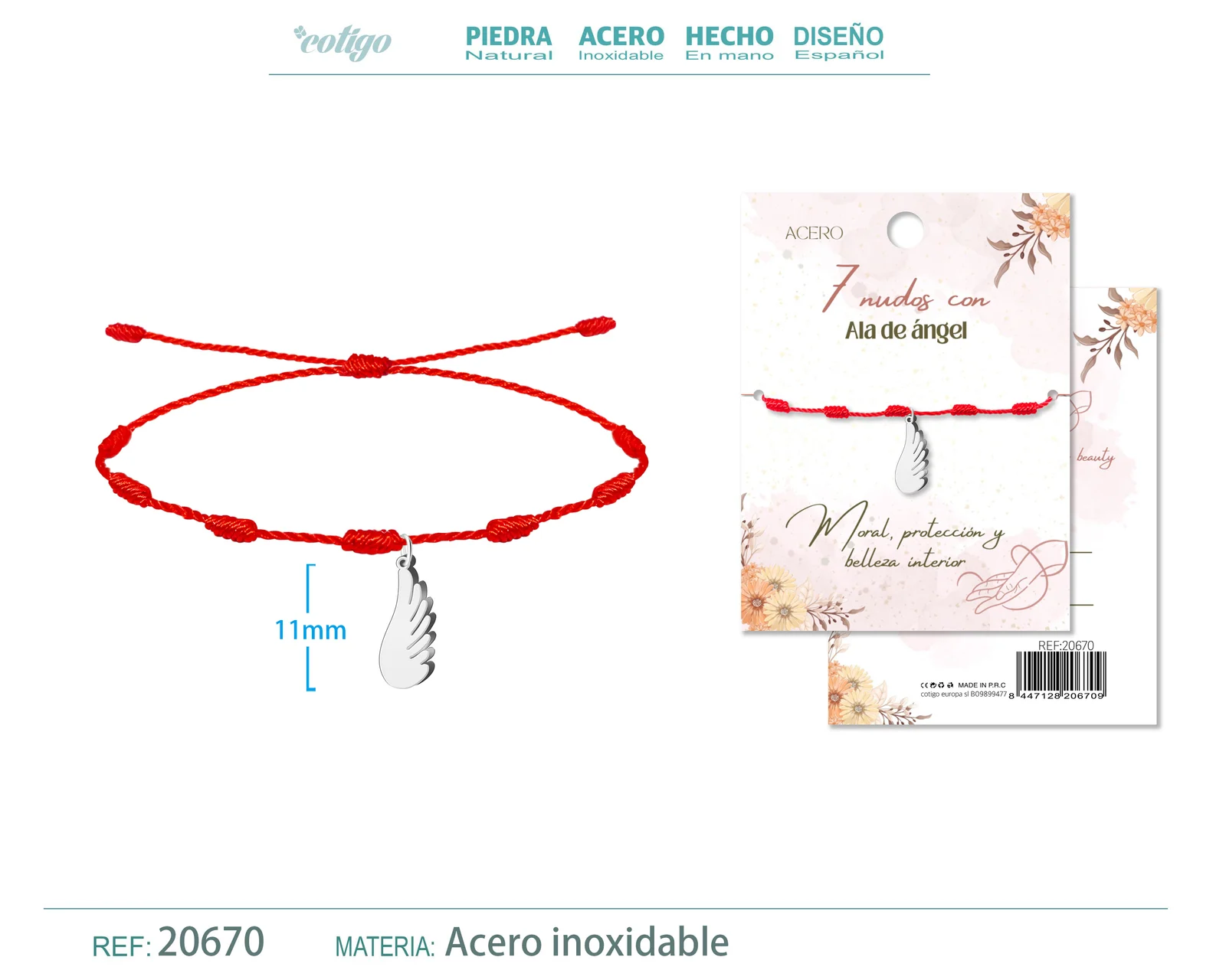PULSERA 7 NUDOS CON ALA DE ANGEL COLOR PLATEADO