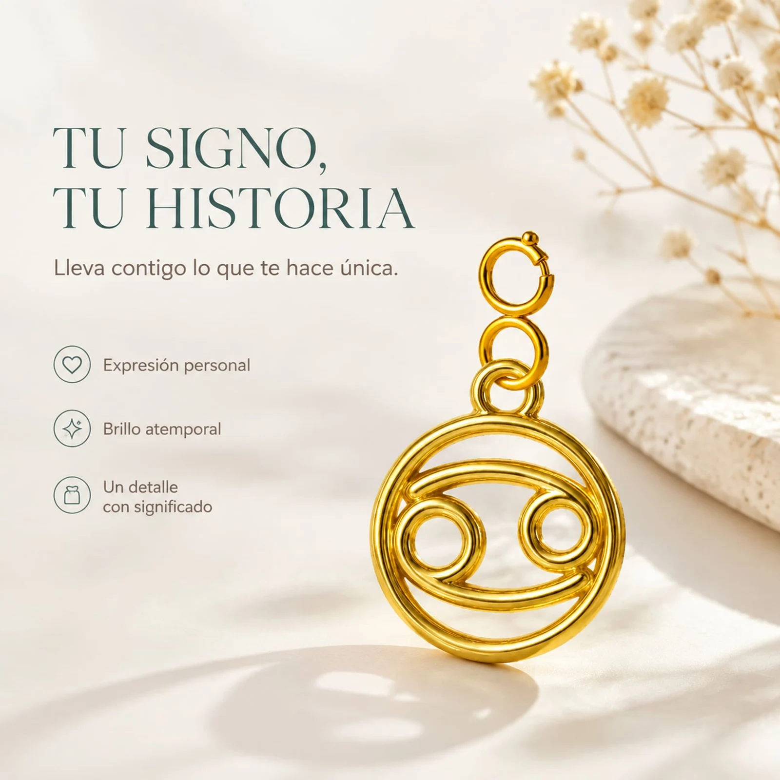 CHARM DE ZODÍACO CÂNCER ACERO COLOR DORADO-CON CIERRE