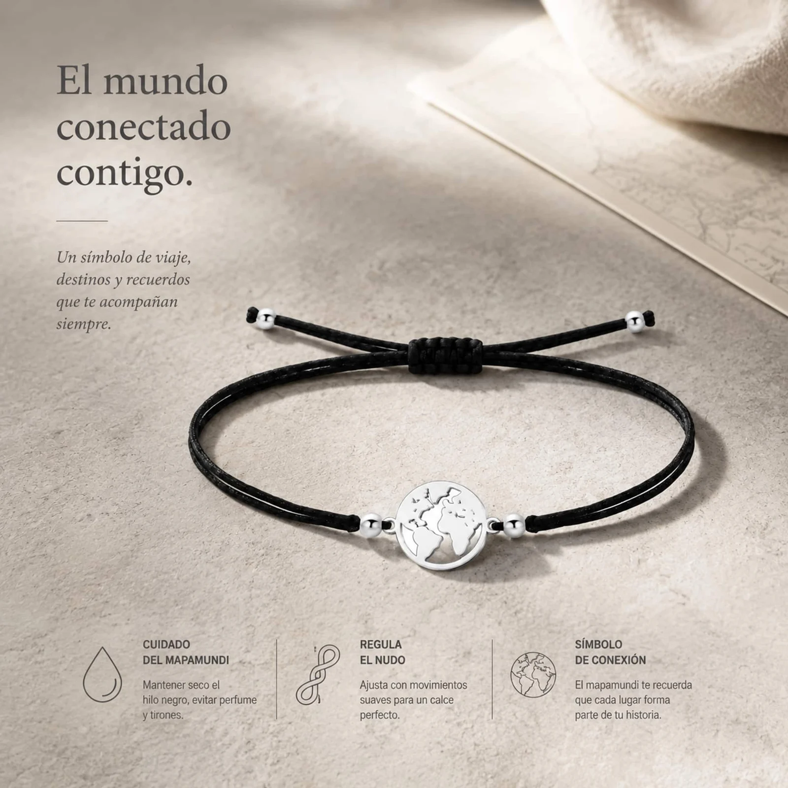 PULSERA MAPA DE MUNDO PLATEADO DE HILO EN.NEGRO