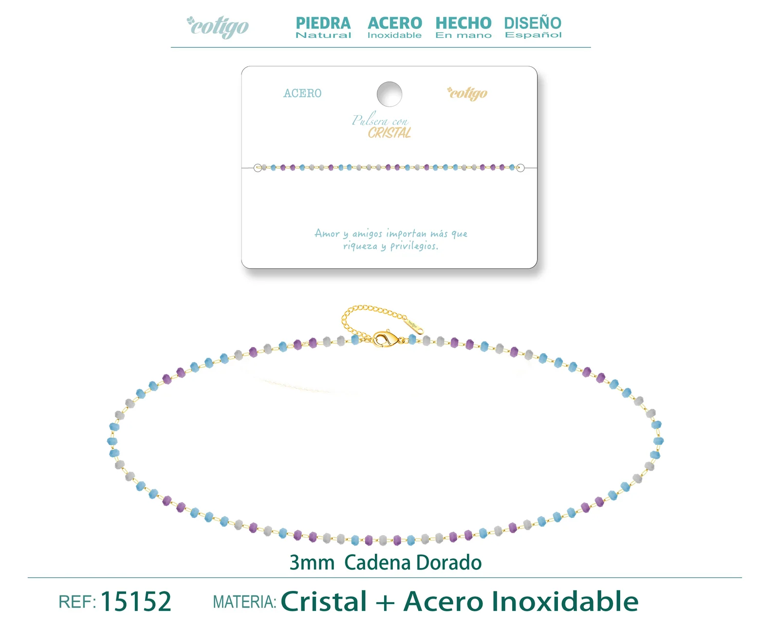 PULSERA ACERO COLOR DORADO CON BOLA CRISTA