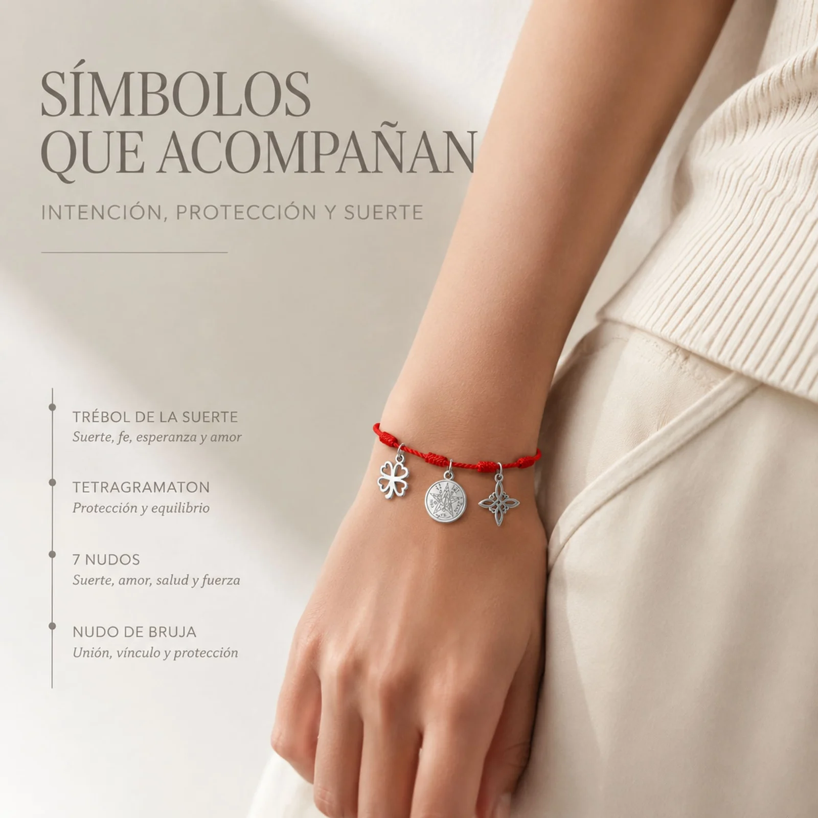 PULSERA 7 NUDOS CON TETRAGRÁMATON  NUDO DE BRUJA Y TRÉBOL DE LA SUERTE ACERO PLATEADO