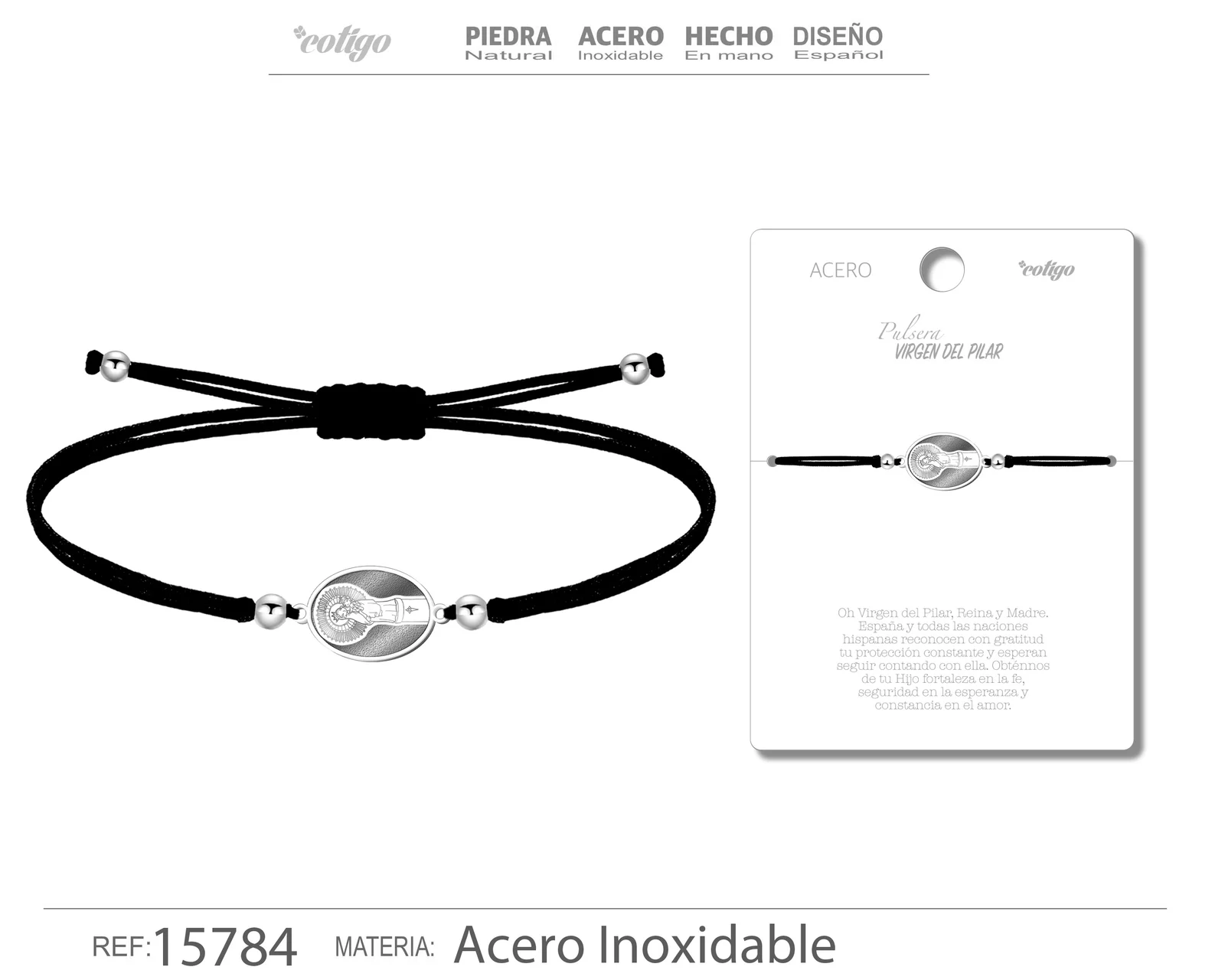 PULSERA HILO ENCERADO CON VIRGEN DEL PILAR COLOR PLATEADO