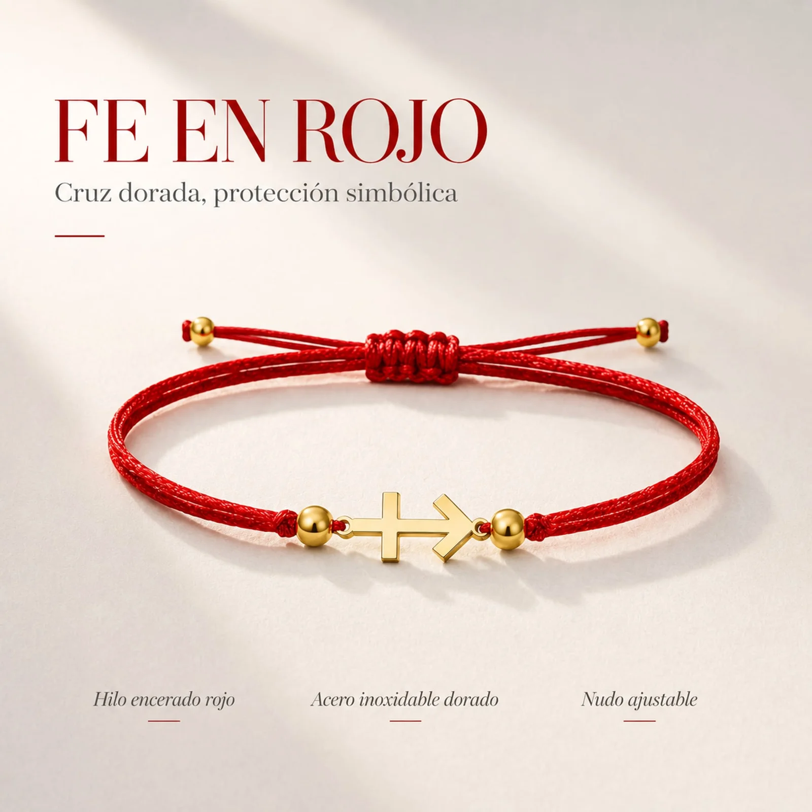 PULSERA CRUZ CONTRA EL MAL DORADO DE HILO EN.ROJO
