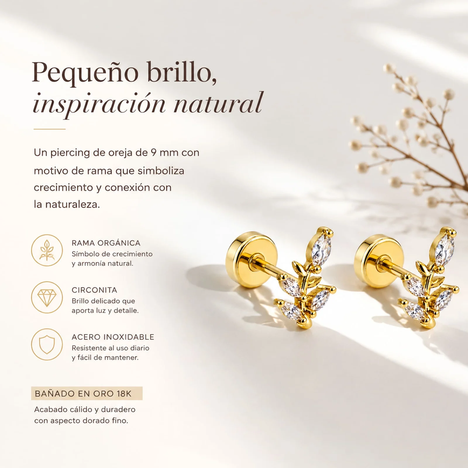 Pendiente-Piercing Bañado Oro 18K y con Circonita