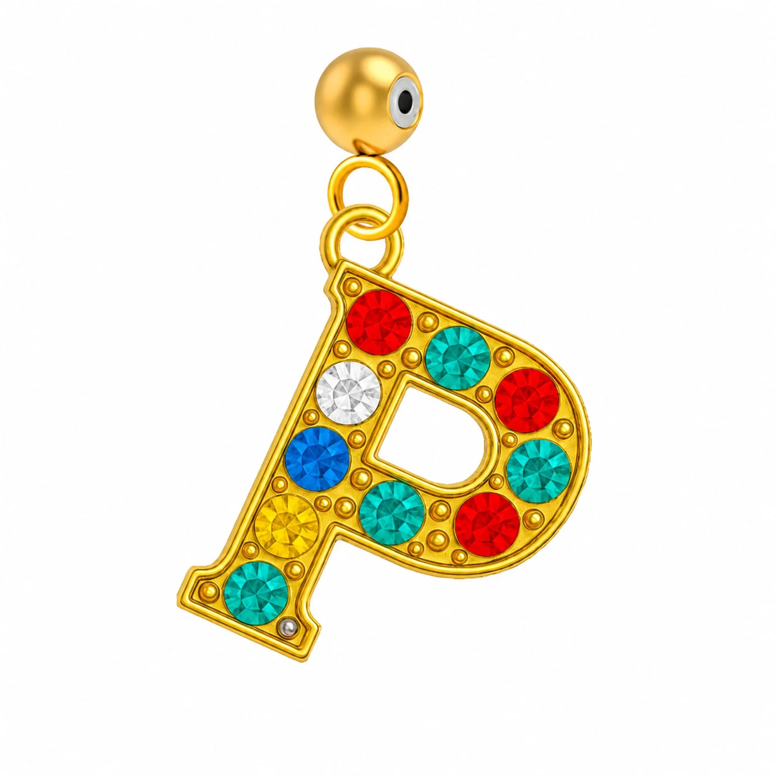CHARM DE LETRA P ACERO COLOR DORADO CON CIRCONITA-CON BOLA DE GOMA