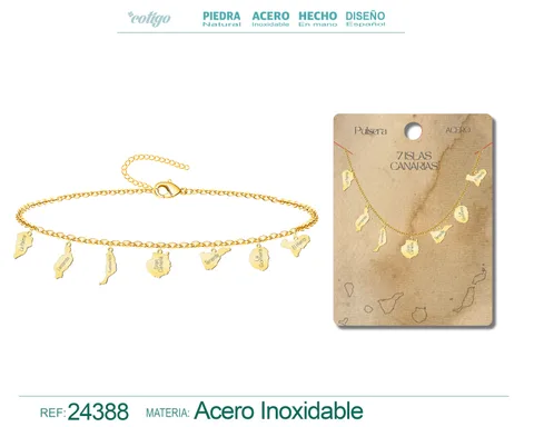 Pulsera con Colgante de 7 Isalas de Canarias Acero color Dorado