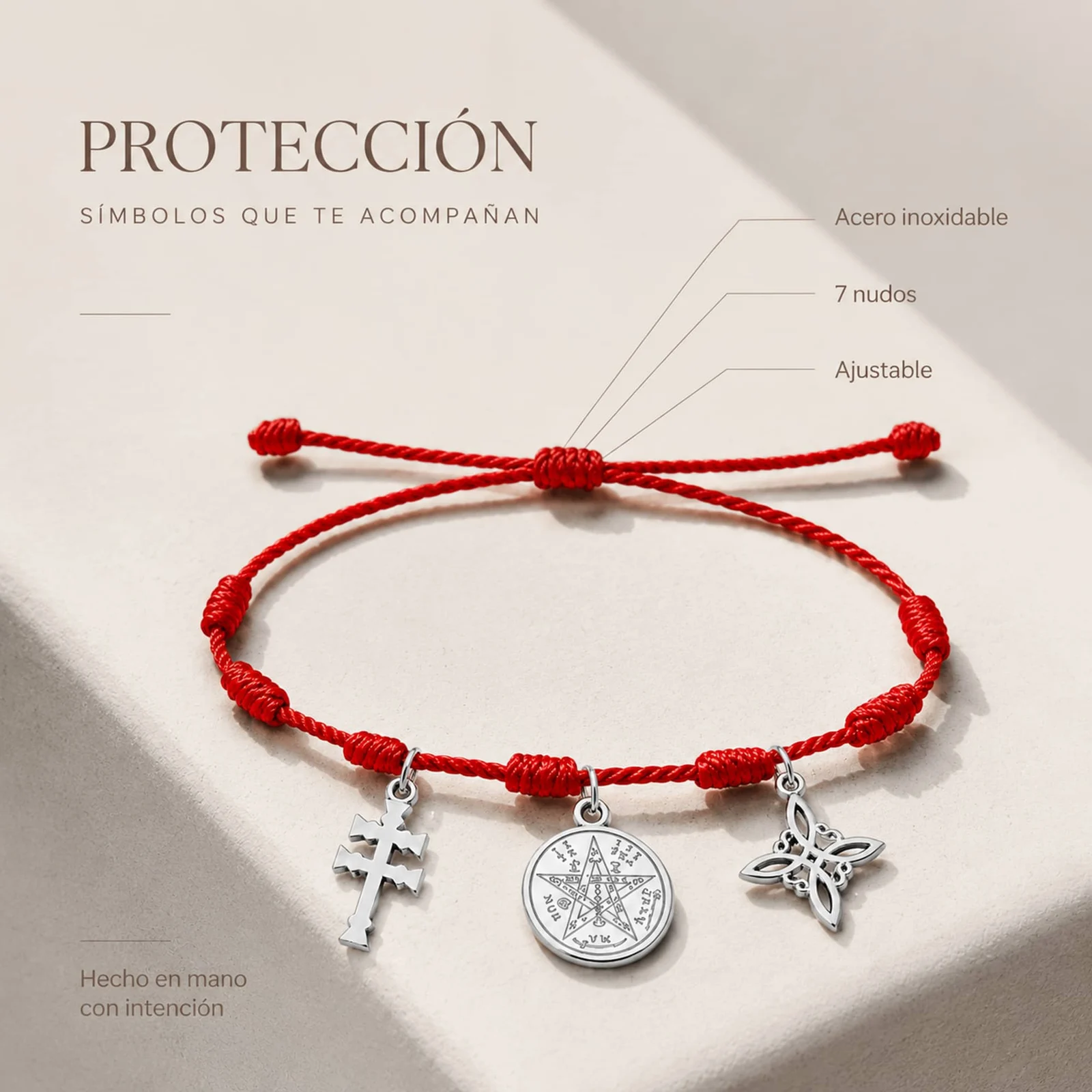 PULSERA 7 NUDOS CON TETRAGRÁMATON  NUDO DE BRUJA Y CRUZ CARAVACA ACERO PLATEADO
