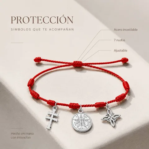 PULSERA 7 NUDOS CON TETRAGRÁMATON  NUDO DE BRUJA Y CRUZ CARAVACA ACERO PLATEADO