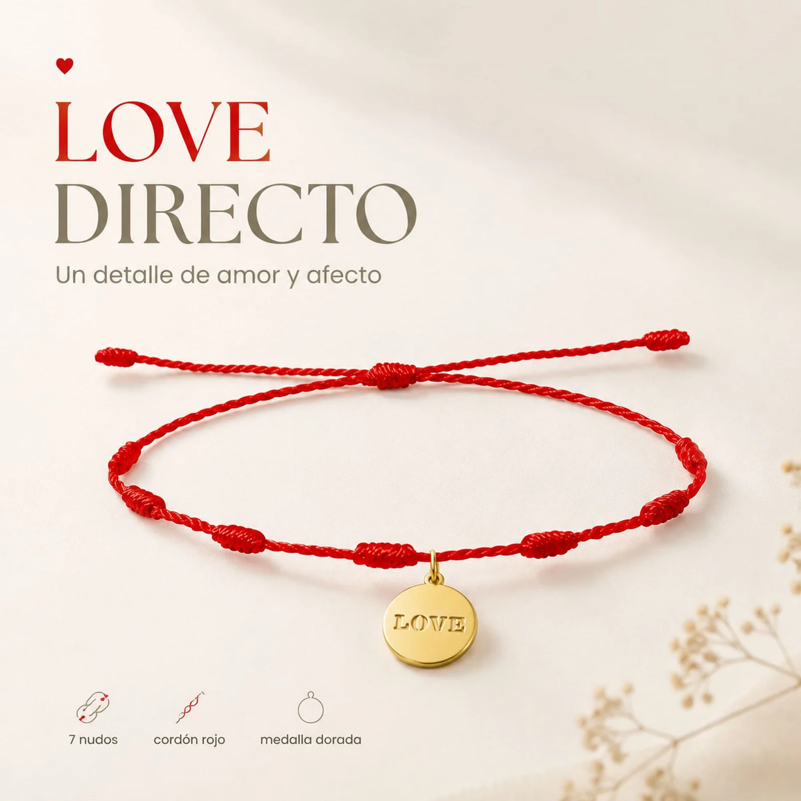 PULSERA 7 NUDOS CON LOVE COLOR DORADO