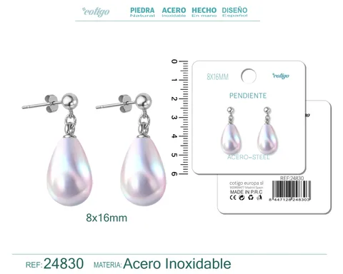 PENDIENTE DE PERLA GOTITA 8X16MM CON ACCESORIO ACERO