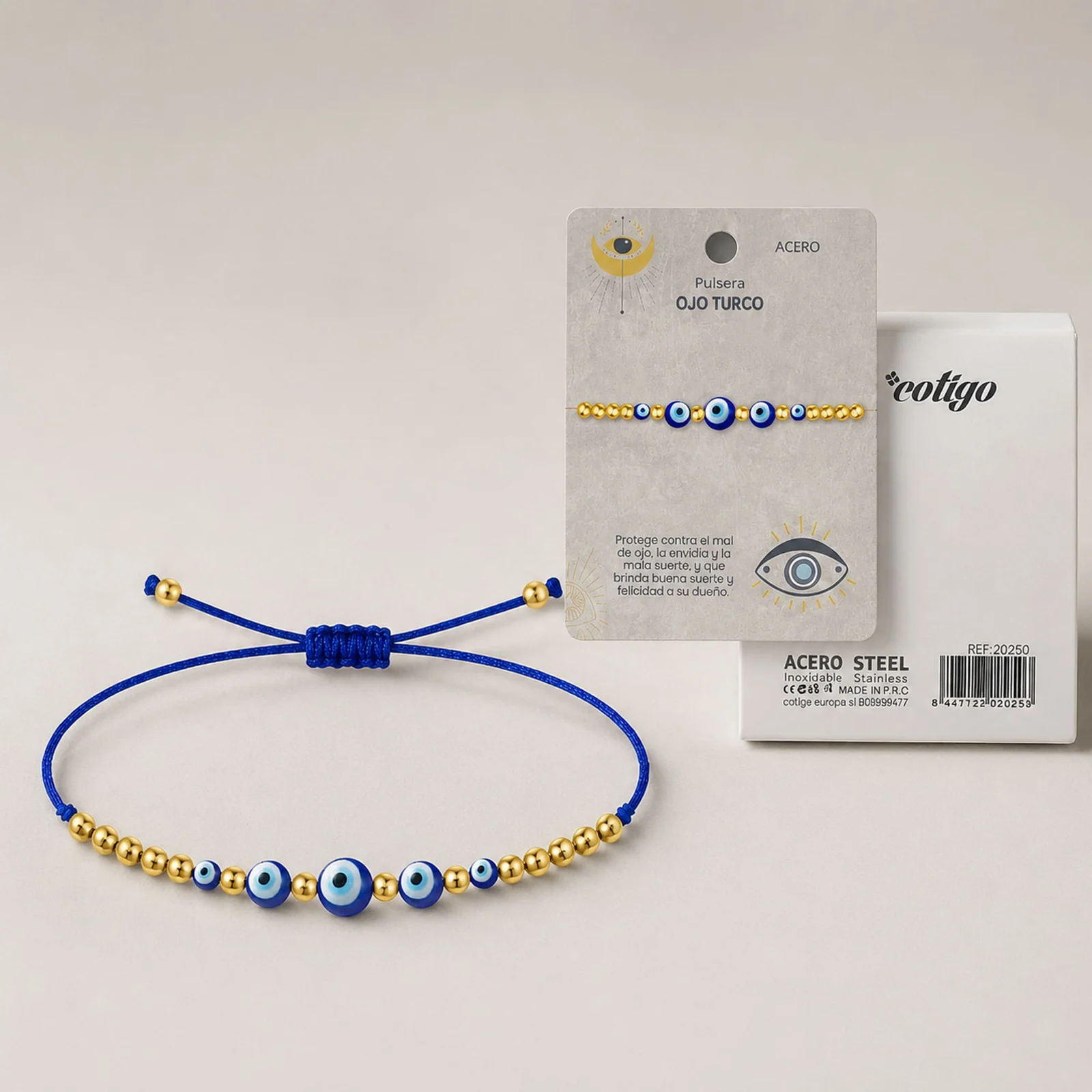 PULSERA OJO TURCO ACERO CON CORDÓN HILO ENCERADO
