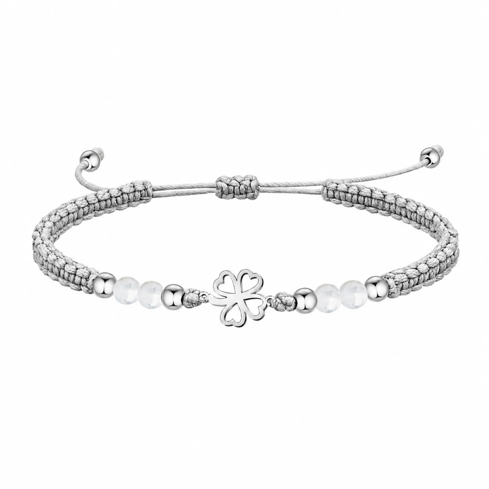PULSERA HILO ENCERADO CON CUARZO BLANCO Y TRÉBOL DE SUERTE ACERO
