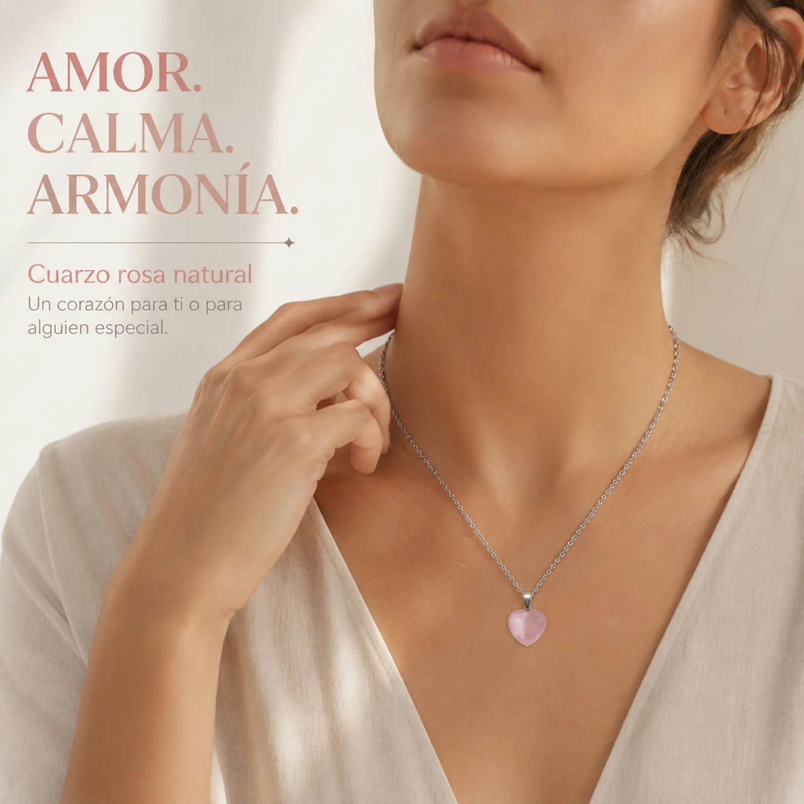 Colgante Piedra Cuarzo rosa con cadena Acero Inoxidable