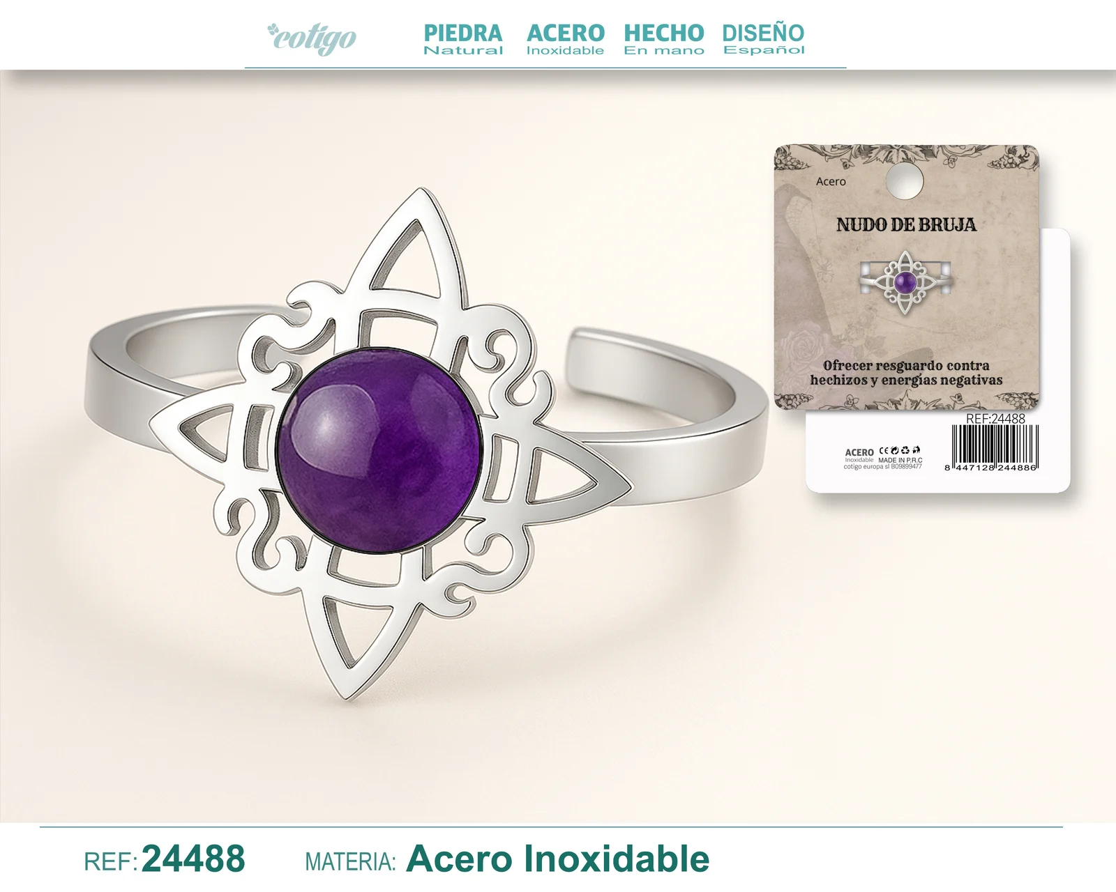 ANILLO NUDO DE BRUJA ACERO PLATEADO CON AMATISTA