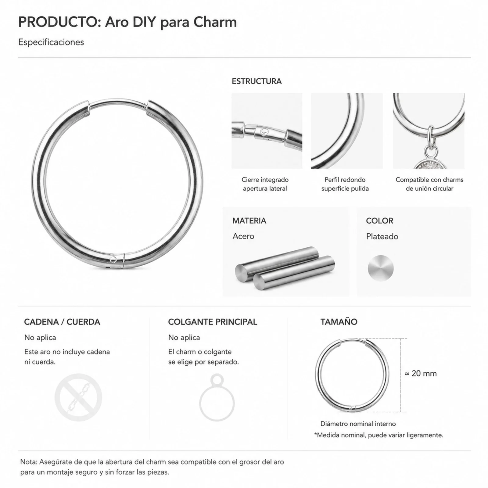 PENDIENTE DE ARO ACERO 20MM COLOR PLATEADO PARA CHARM