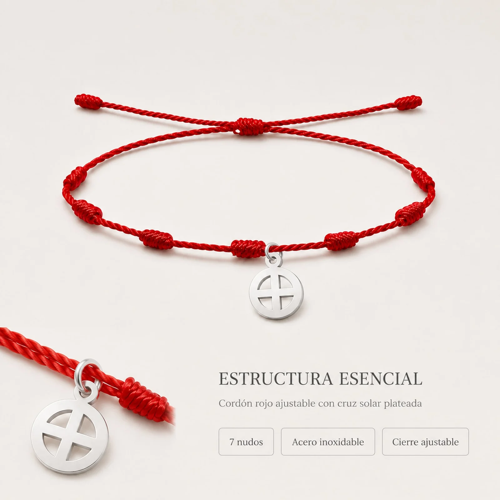 PULSERA 7 NUDOS CON CRUZ SOLAR COLOR PLATEADO