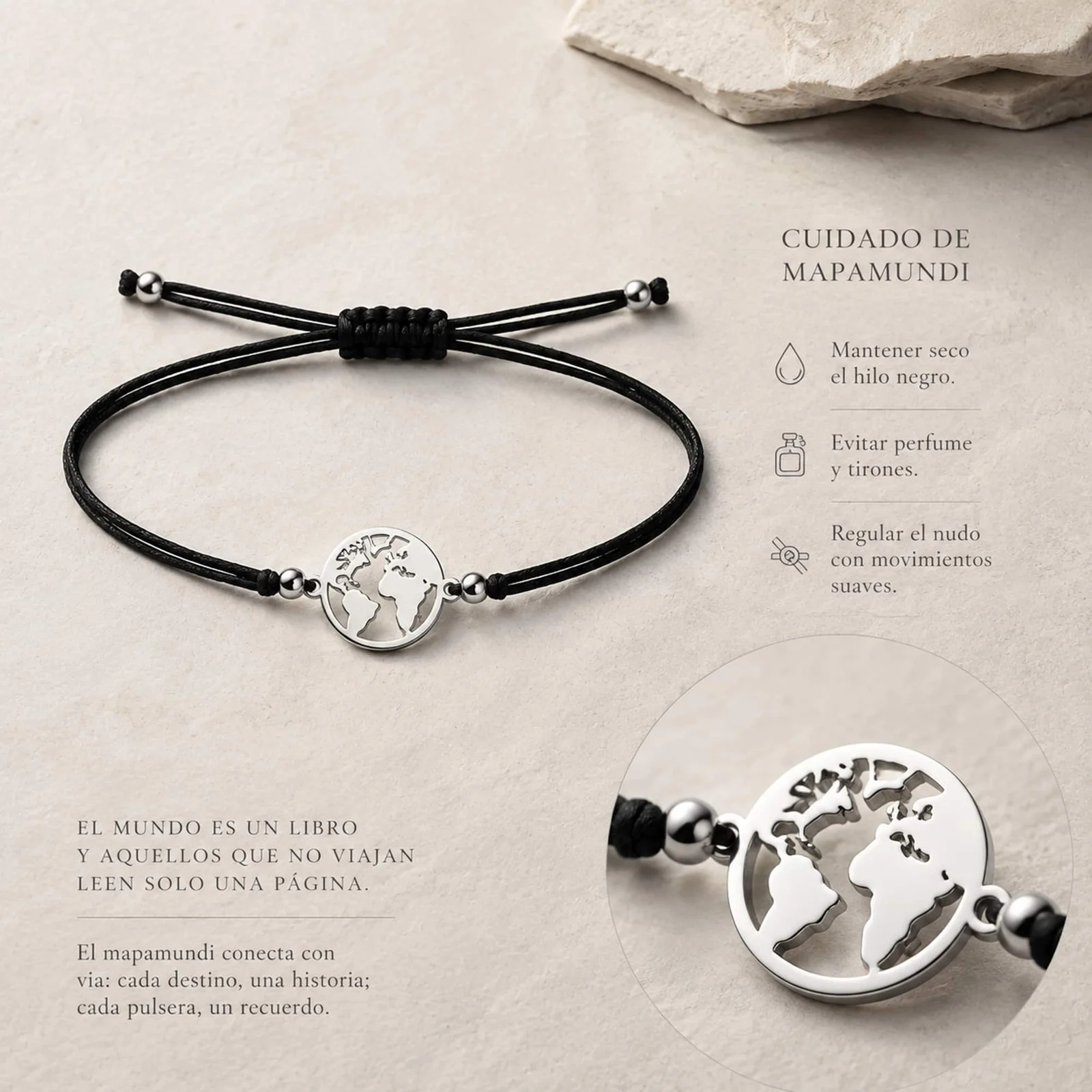 PULSERA MAPA DE MUNDO PLATEADO DE HILO EN.NEGRO